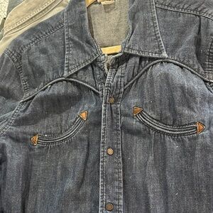 True Religion Men's Denim Western Shirt Jacket - Indigo Blue with Brown Accents